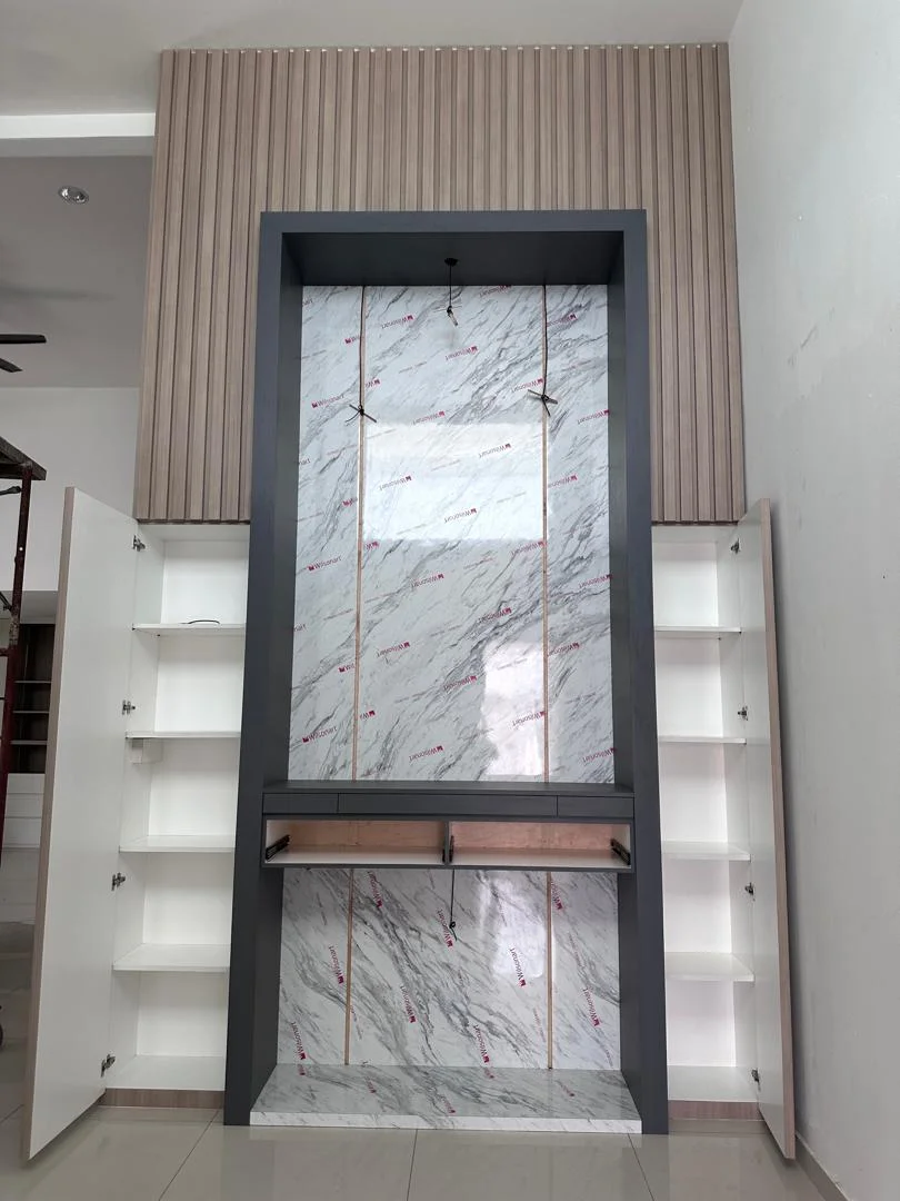 Marble Backdrop with Open Shelves